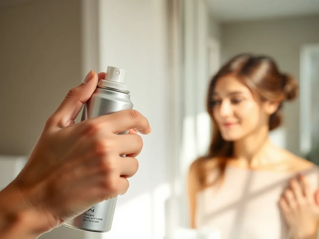 Dłoń rozpylająca lakier na lśniące, ułożone włosy kobiety w jasnej, minimalistycznej łazience