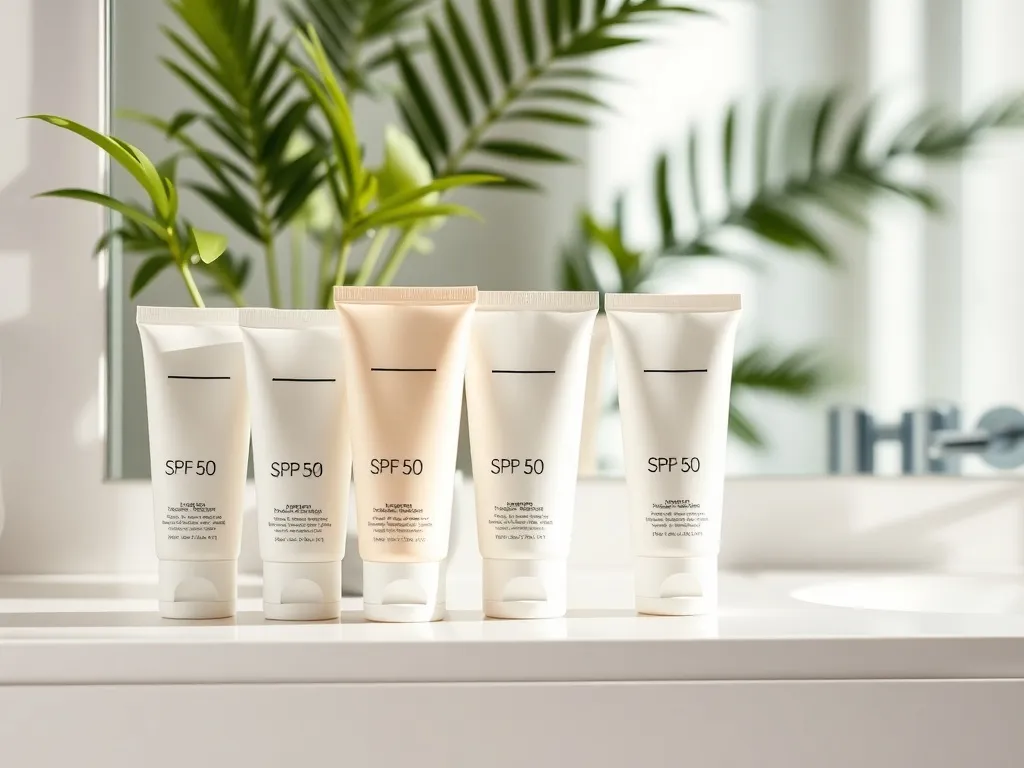 Minimalistyczne kosmetyki z filtrem SPF 50 na białej półce w łazience, w tle rozmyte lustro i zielone liście rośliny.