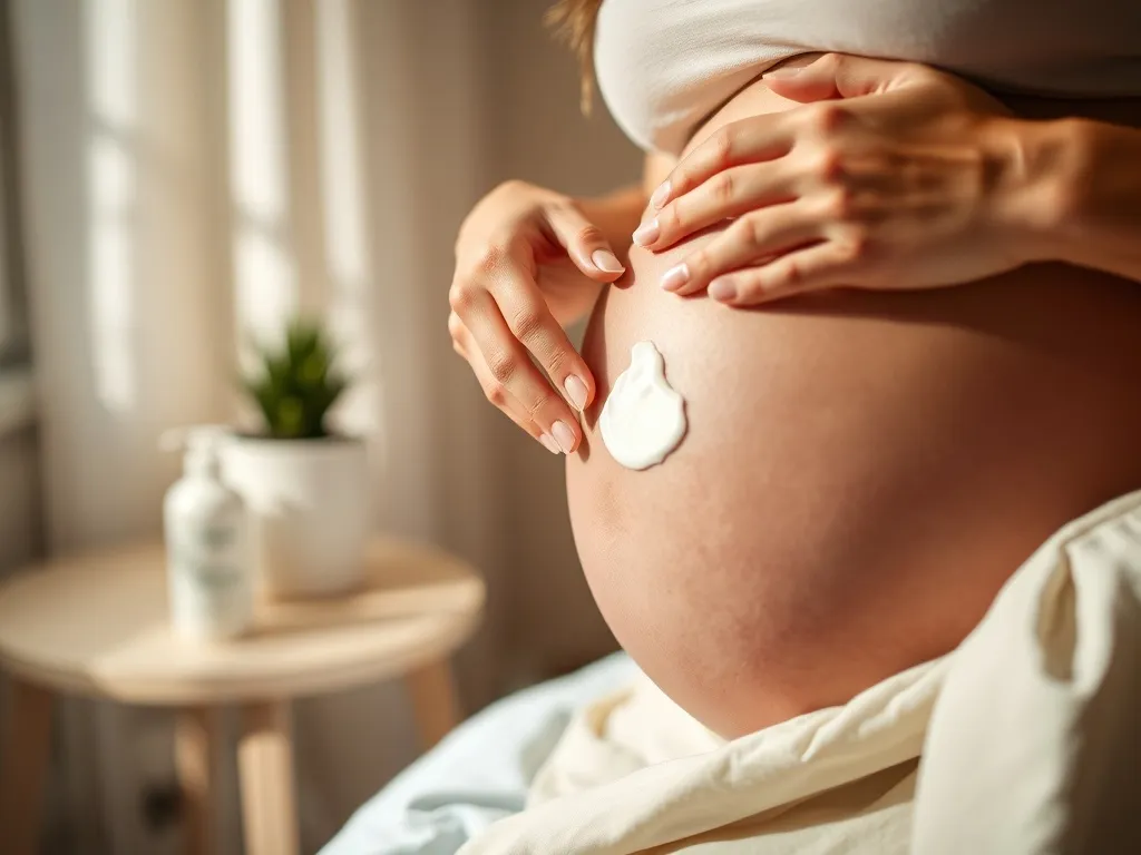 Kobieta w ciąży delikatnie smaruje brzuch kremem, podkreślając codzienną pielęgnację i zapobieganie rozstępom.