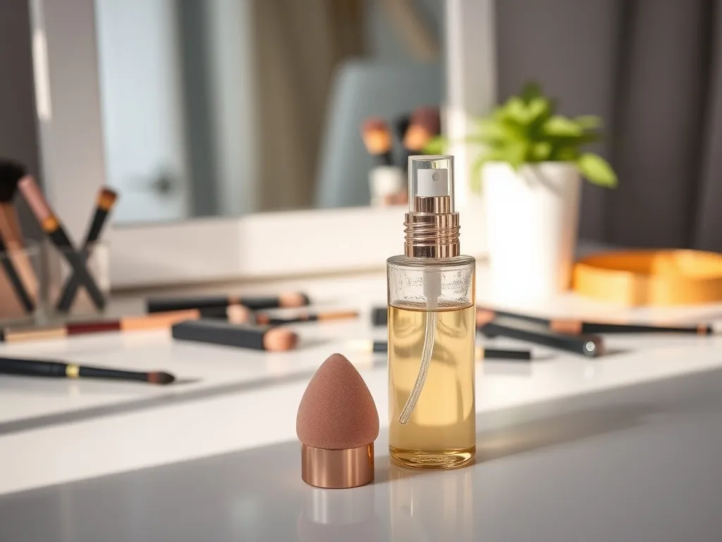 Eleganckie butelki utrwalacza do makijażu na toaletce, obok gąbeczka i pędzle, w przytulnym, minimalistycznym kąciku beauty.