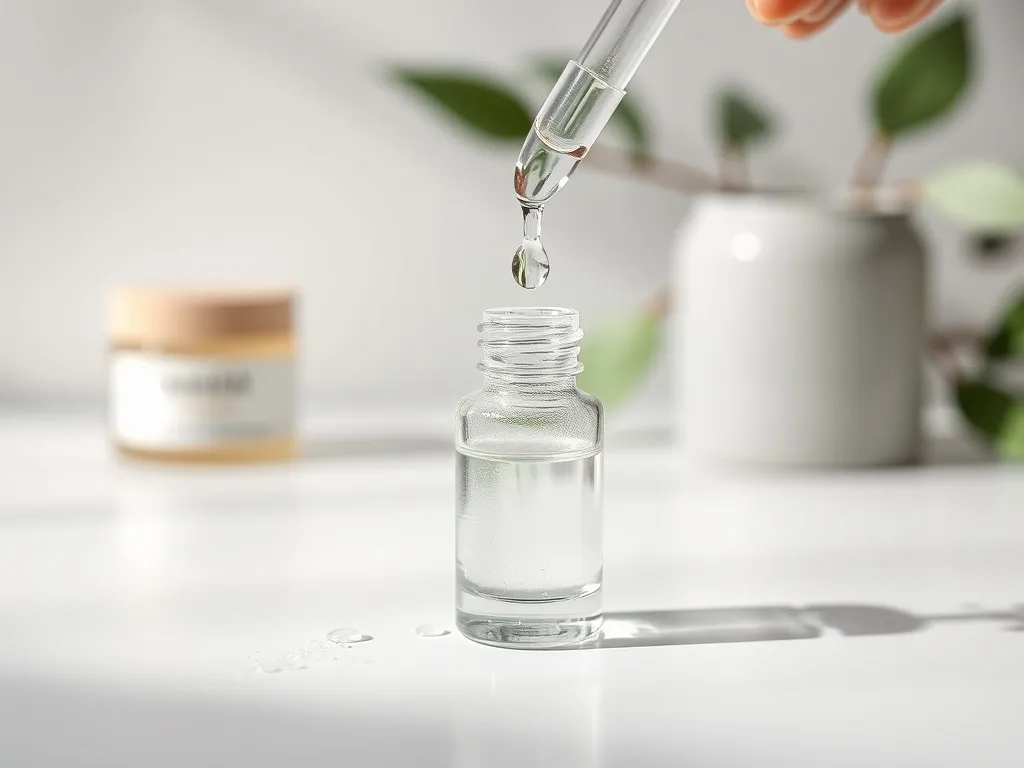 Pipeta z przezroczystym serum hialuronowym kapie do butelki, minimalistyczna kompozycja pielęgnacji skóry na białym tle