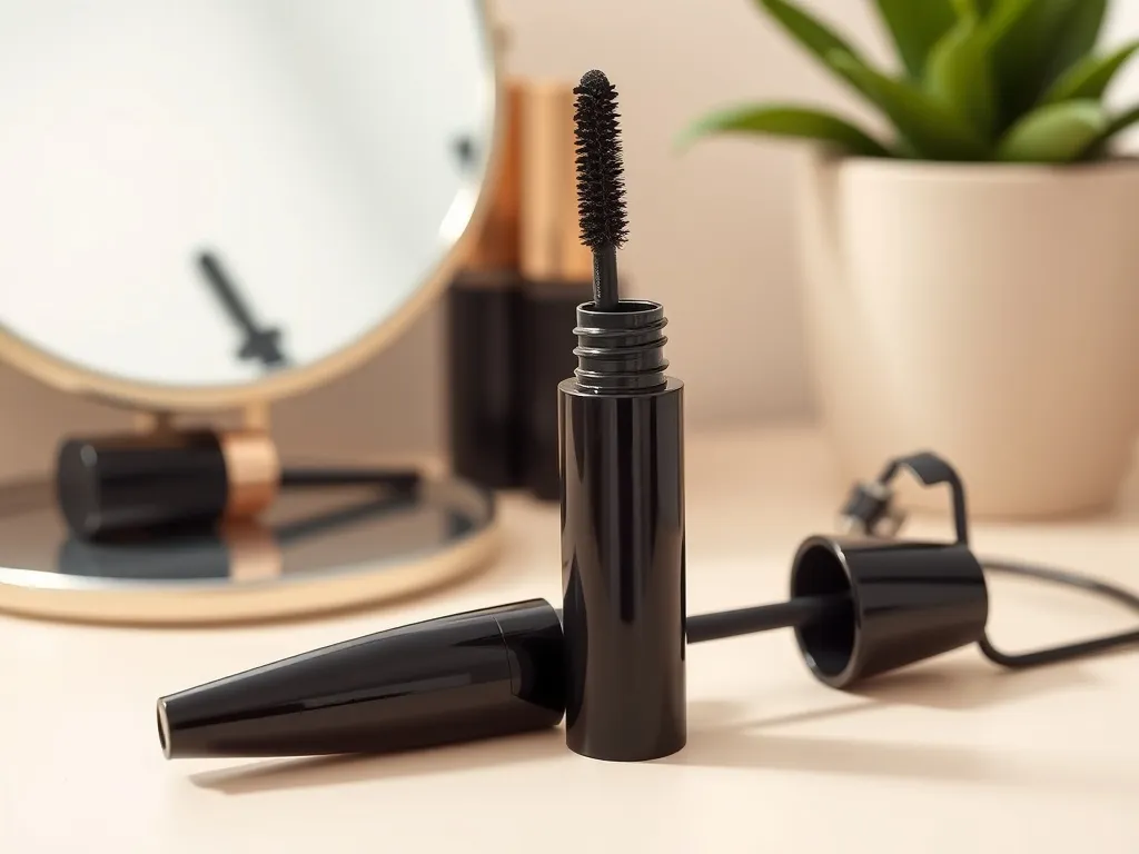 Czarny tusz do rzęs z szczoteczką na toaletce obok zalotki i lusterka, w minimalistycznej, naturalnej aranżacji beauty.