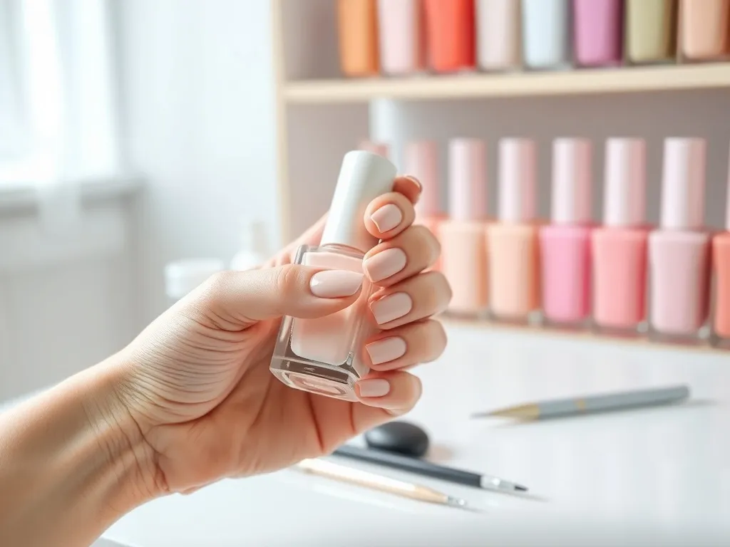 Dłoń z zadbanym manicure nude róż prezentuje trwały lakier hybrydowy, na tle półki z pastelowymi lakierami.