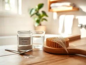 Czarny tusz do rzęs z szczoteczką na toaletce obok zalotki i lusterka, w minimalistycznej, naturalnej aranżacji beauty.
