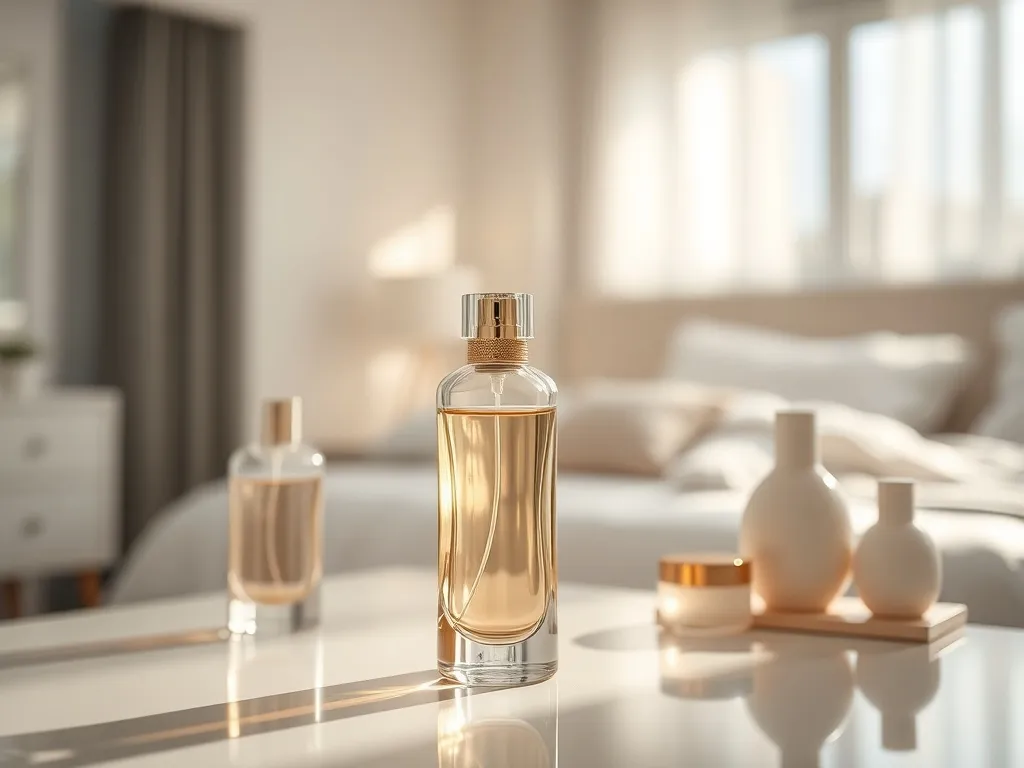 Elegancki flakon damskich perfum na minimalistycznej toaletce, w tle rozmyte butelki i jasna, kobieca sypialnia.