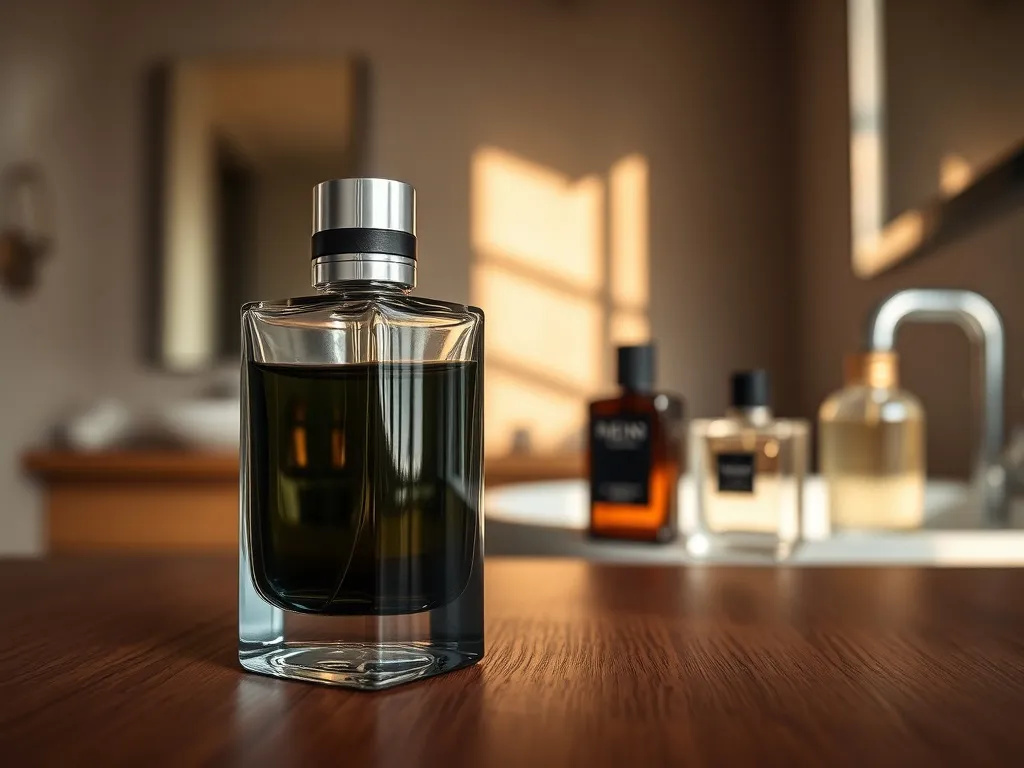 Elegancki flakon męskiej wody toaletowej na drewnianej powierzchni, w tle inne perfumy w stylowej łazience.