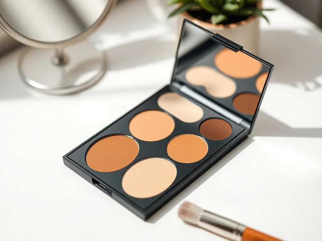 Otwarta paleta do konturowania w beżowo-brązowych odcieniach z pędzlem, elegancki beauty flatlay na białym tle