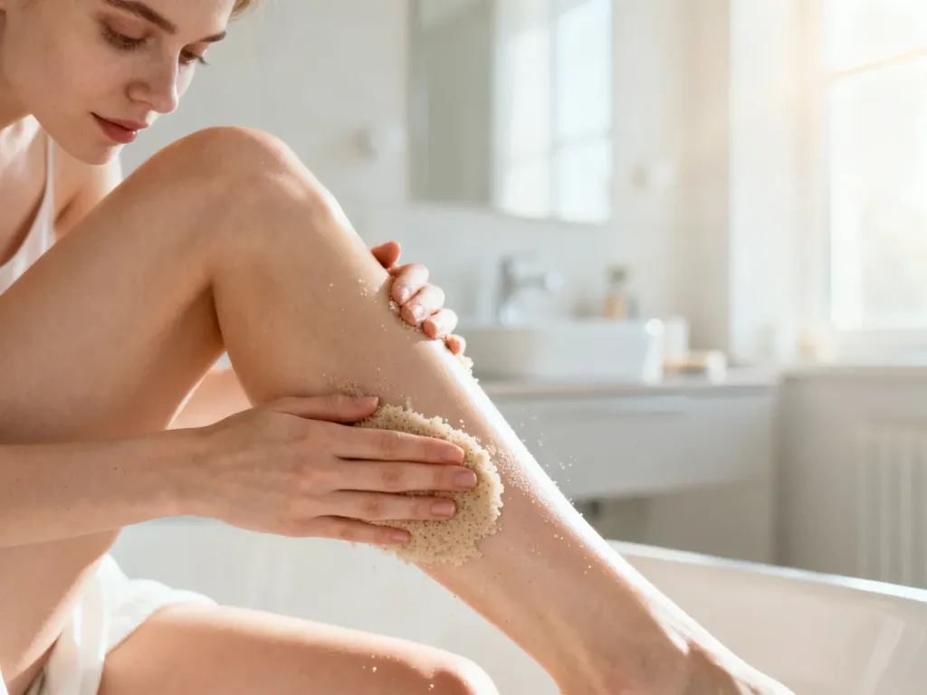 Kobieta wykonująca peeling nóg w jasnej, nowoczesnej łazience przed goleniem.