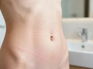 Kobieta nakładająca delikatny żelowy peeling enzymatyczny na policzek w jasnej, minimalistycznej łazience typu spa.