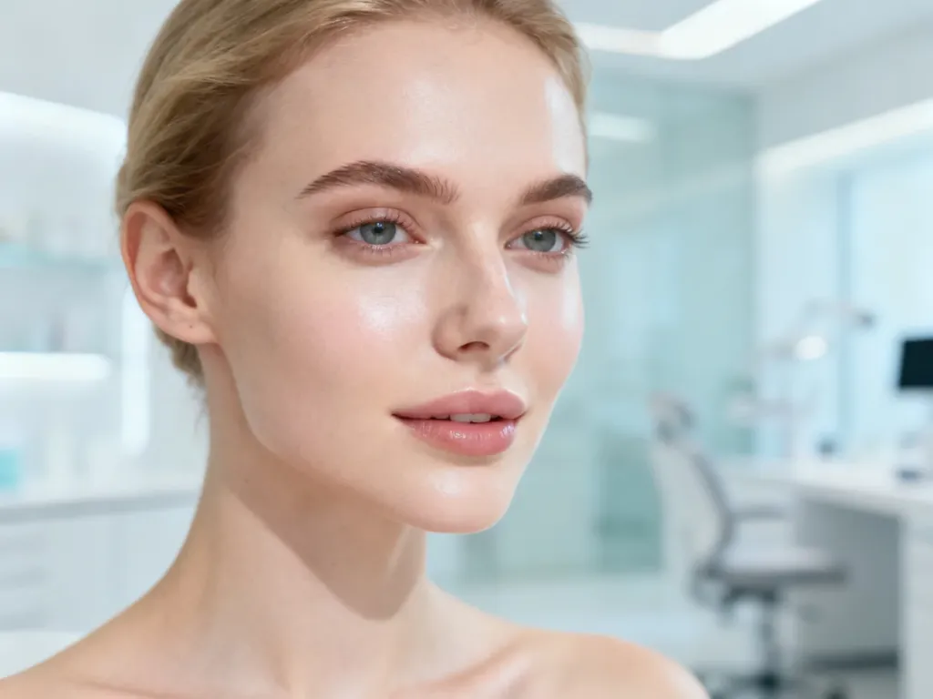 Kobieta o promiennej i zdrowej cerze po zabiegu peelingu chemicznego w nowoczesnym gabinecie dermatologicznym.
