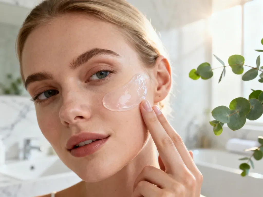Kobieta nakładająca delikatny żelowy peeling enzymatyczny na policzek w jasnej, minimalistycznej łazience typu spa.
