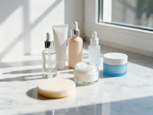 Przezroczysta kropla serum z kwasem hialuronowym na nawilżonej skórze, podkreślająca właściwości nawilżające preparatu.