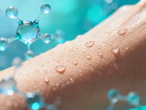 Elegancka buteleczka serum kosmetycznego na kamiennym podłożu w otoczeniu wodnych kręgów i świetlistych drobinek.