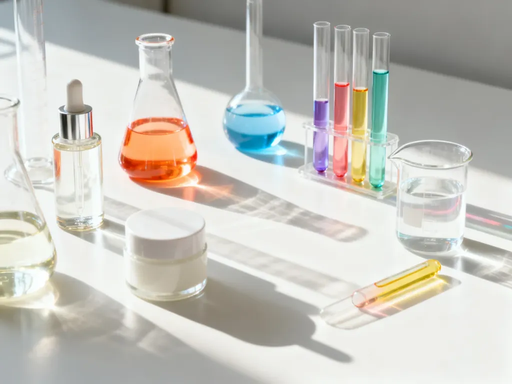 Szklane naczynia laboratoryjne z kolorowymi płynami kosmetycznymi w profesjonalnym, sterylnym wnętrzu laboratorium.