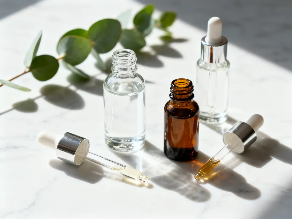 Szklane buteleczki z serum kosmetycznym na marmurowym blacie, prezentujące estetykę profesjonalnej pielęgnacji skóry.