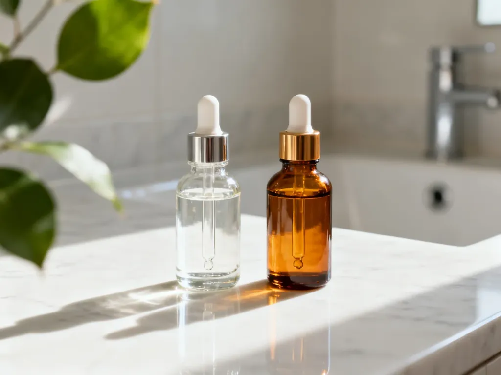 Dwie szklane butelki z serum na marmurowym blacie w minimalistycznej łazience, ilustrujące profesjonalną pielęgnację skóry.