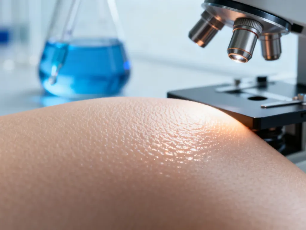 Zbliżenie na zdrową skórę pod mikroskopem, obrazujące jej naturalną barierę ochronną w profesjonalnym, laboratoryjnym ujęciu.