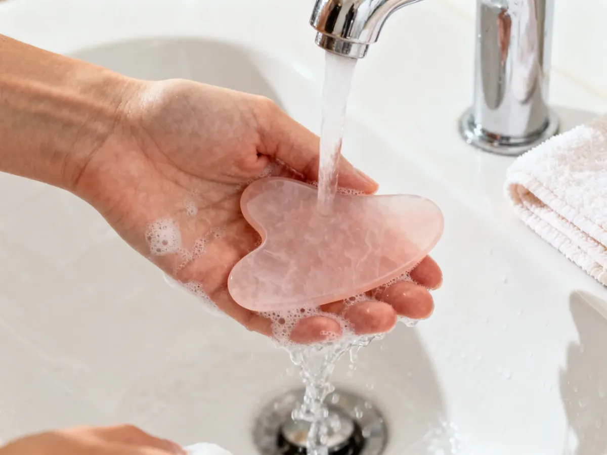 Mycie kamienia Gua Sha pod letnią wodą z delikatnym mydłem