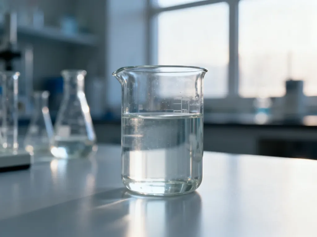 Szklana zlewka z przezroczystym roztworem chemicznym w profesjonalnym laboratorium, nawiązująca do badań nad kwasami AHA.