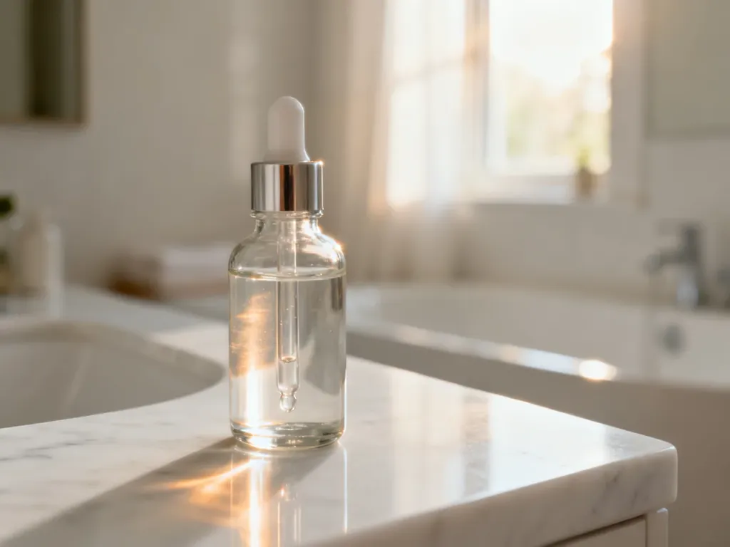Szklana buteleczka z serum peptydowym na marmurowym blacie w jasnej łazience, podkreślająca profesjonalną pielęgnację skóry.