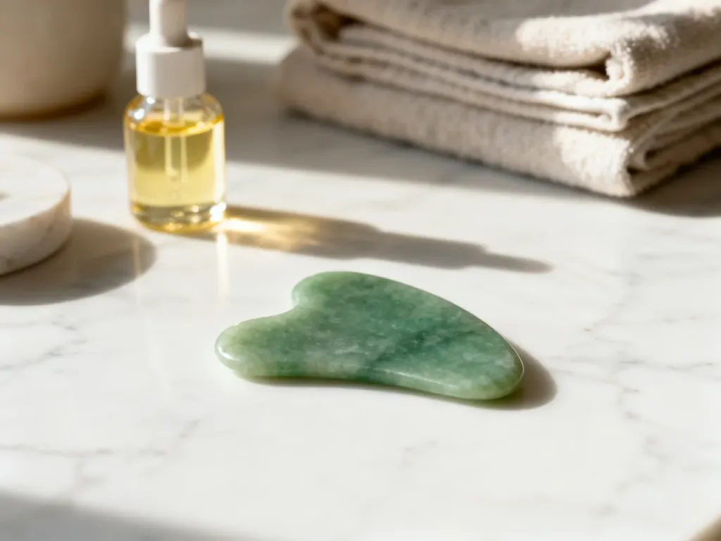 Jadeitowa płytka gua sha na marmurowym blacie w otoczeniu olejku i ręcznika, tworząca atmosferę domowego spa.