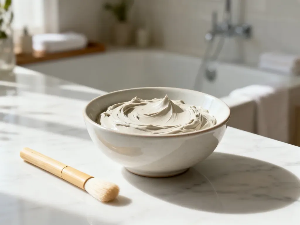 Ceramiczna miseczka z kremową maseczką do twarzy i bambusowy pędzelek na marmurowym blacie w minimalistycznym stylu spa.