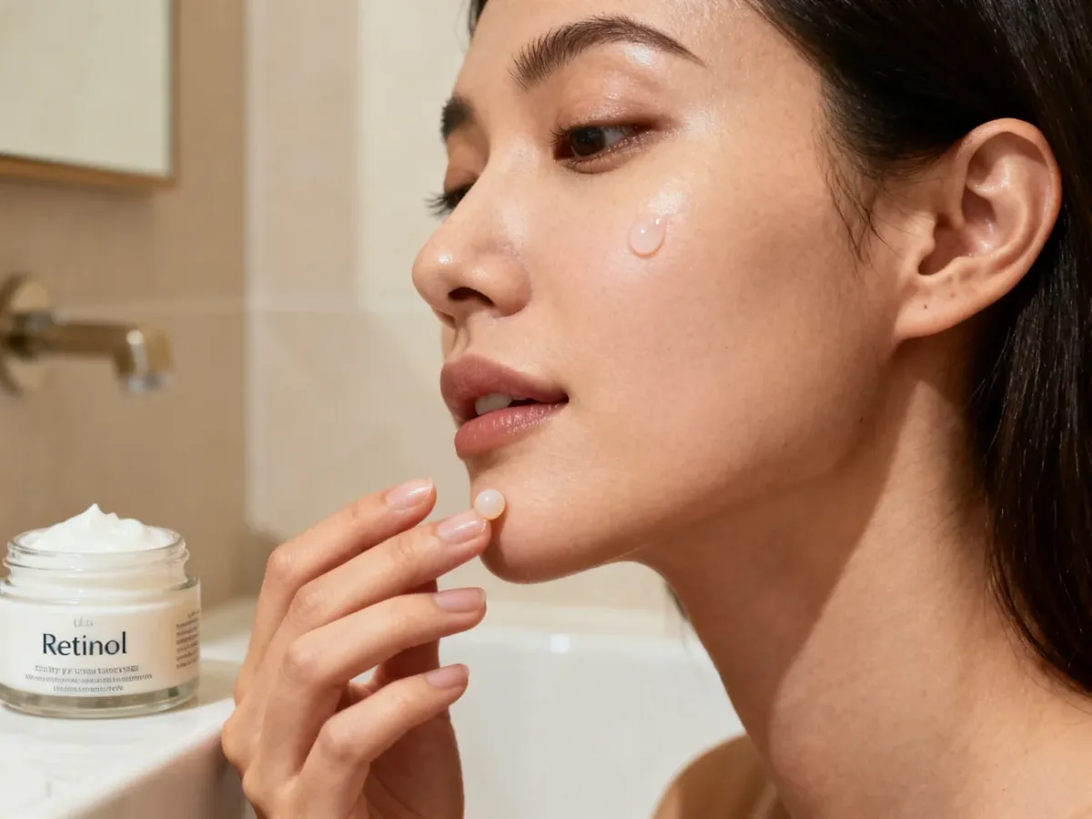 A person applying a small amount of retinol during an evening skincare routine