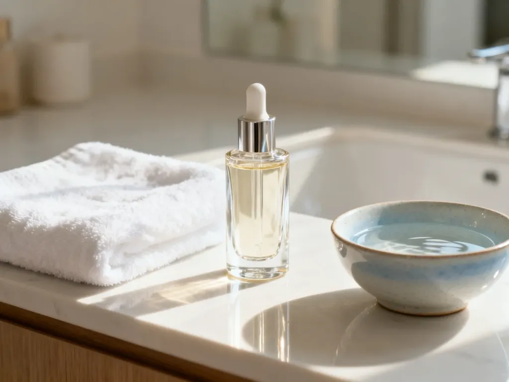 Elegancka buteleczka serum do twarzy na minimalistycznej łazienkowej półce w świetle poranka.