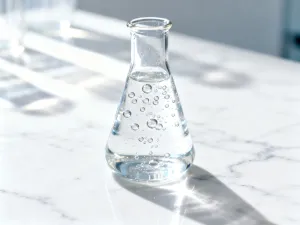 Szklana buteleczka z olejkiem do twarzy oraz otwarty słoiczek kremu na marmurowym blacie w jasnej, minimalistycznej łazience.