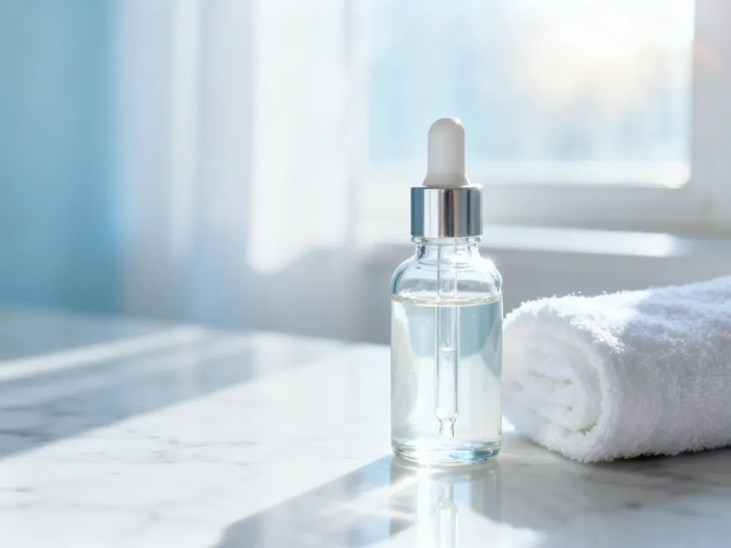 Eleganckie serum w szklanej butelce na marmurowym blacie, symbolizujące codzienną pielęgnację cery mieszanej.