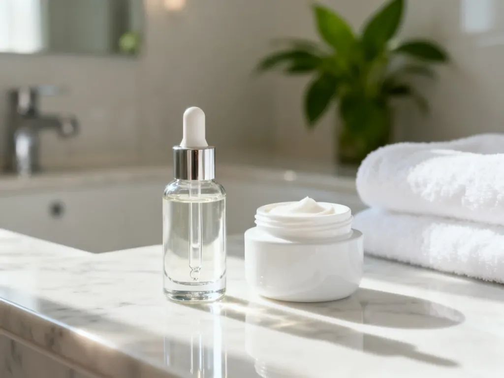 Eleganckie opakowania serum i kremu na marmurowym blacie, ilustrujące poranną rutynę pielęgnacyjną.
