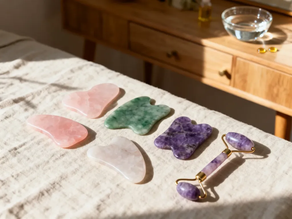Różne rodzaje kamieni do masażu gua sha z kwarcu różowego, jadeitu i ametystu ułożone na lnianym materiale w świetle poranka.