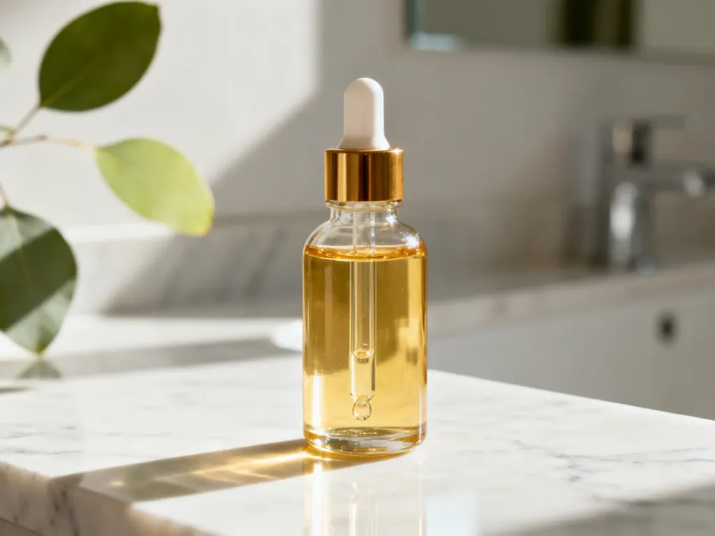 Szklana buteleczka ze złotym serum z retinolem na marmurowym blacie w jasnej, minimalistycznej łazience.