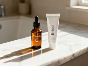 Szklana zlewka z nawilżającym serum na marmurowym blacie, podkreślająca profesjonalne podejście do pielęgnacji skóry.