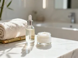 Elegancka buteleczka serum kosmetycznego na kamiennym podłożu w otoczeniu wodnych kręgów i świetlistych drobinek.