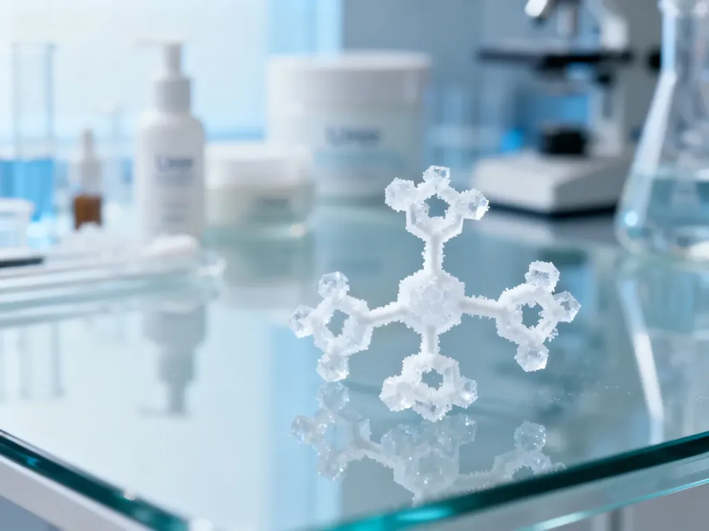 Krystaliczna struktura cząsteczki mocznika w laboratoryjnym zbliżeniu, podkreślająca naukowe podstawy pielęgnacji skóry.