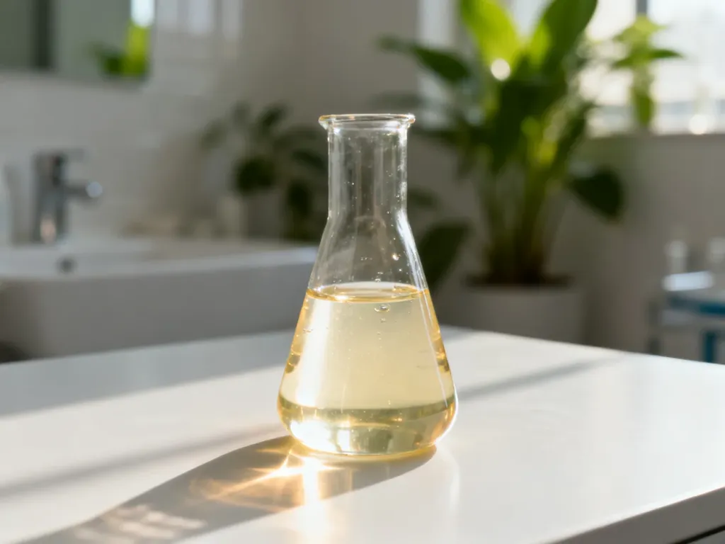 Przezroczyste serum w szklanej zlewce na laboratoryjnym stole, podkreślające profesjonalny charakter pielęgnacji kwasami PHA.