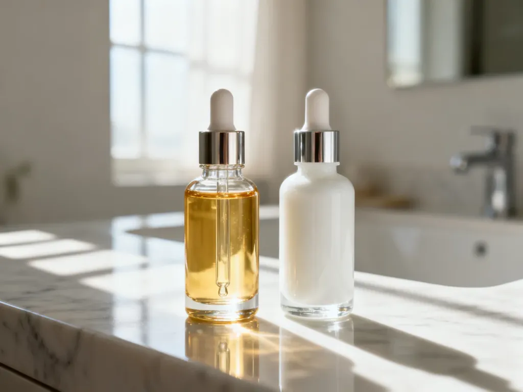 Eleganckie buteleczki z serum i emulsją na marmurowym blacie, symbolizujące profesjonalną pielęgnację przeciwzmarszczkową.