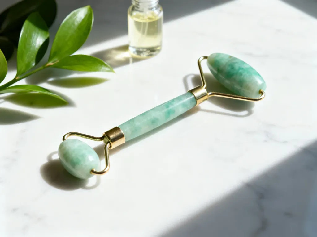 Jadeitowy roller do twarzy leżący na marmurowym blacie obok serum, tworzący relaksującą atmosferę domowego spa.
