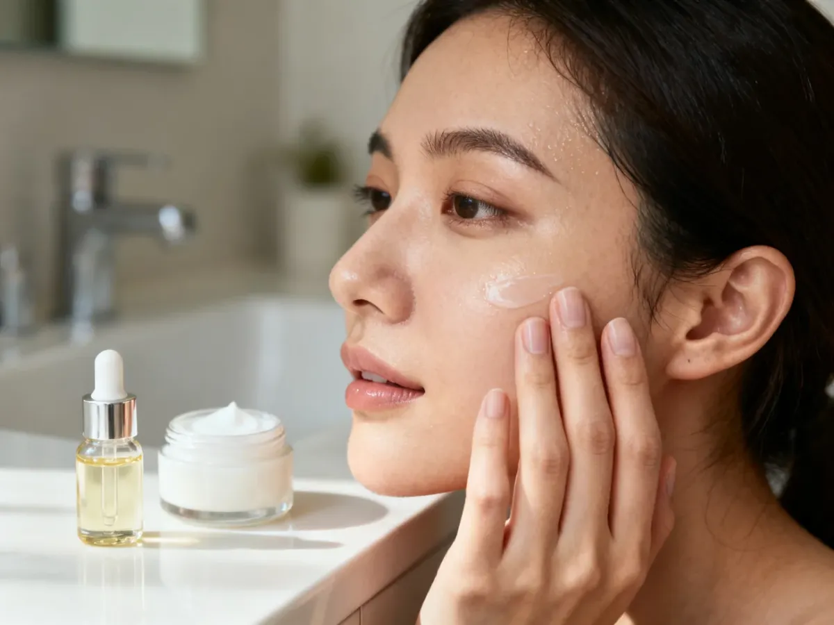 Delikatne wklepywanie serum w lekko wilgotną skórę twarzy