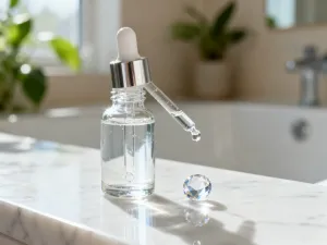 Eleganckie butelki utrwalacza do makijażu na toaletce, obok gąbeczka i pędzle, w przytulnym, minimalistycznym kąciku beauty.