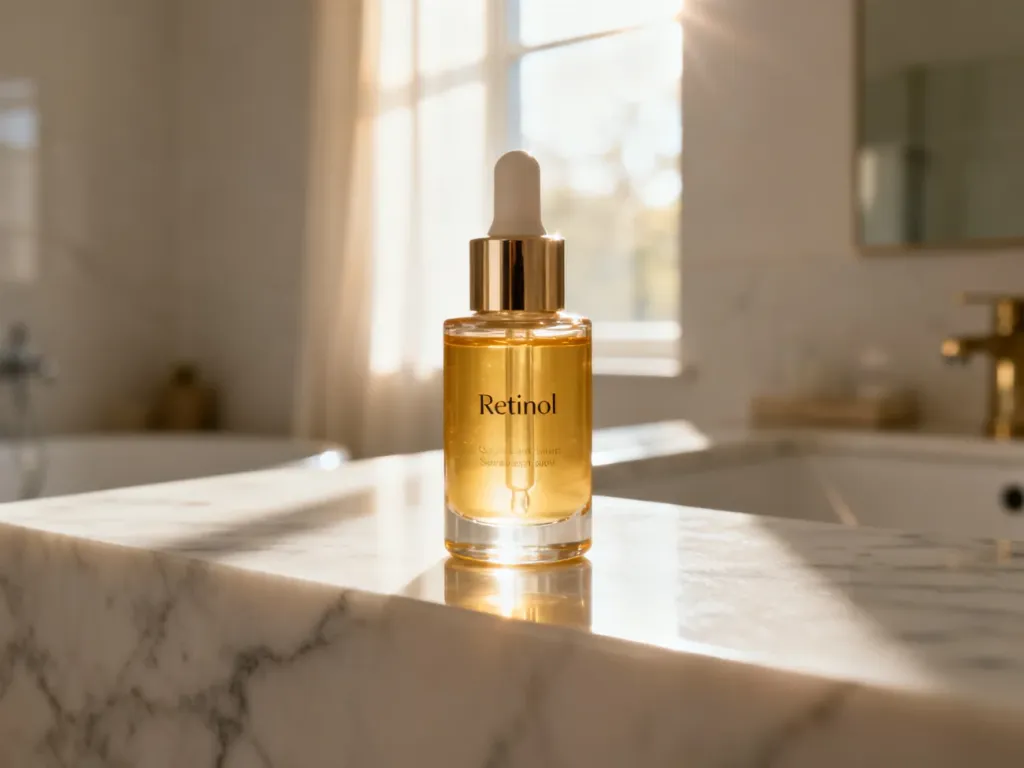 Elegancka buteleczka serum z retinolem na marmurowym blacie w słonecznej łazience. Profesjonalna prezentacja kosmetyku.