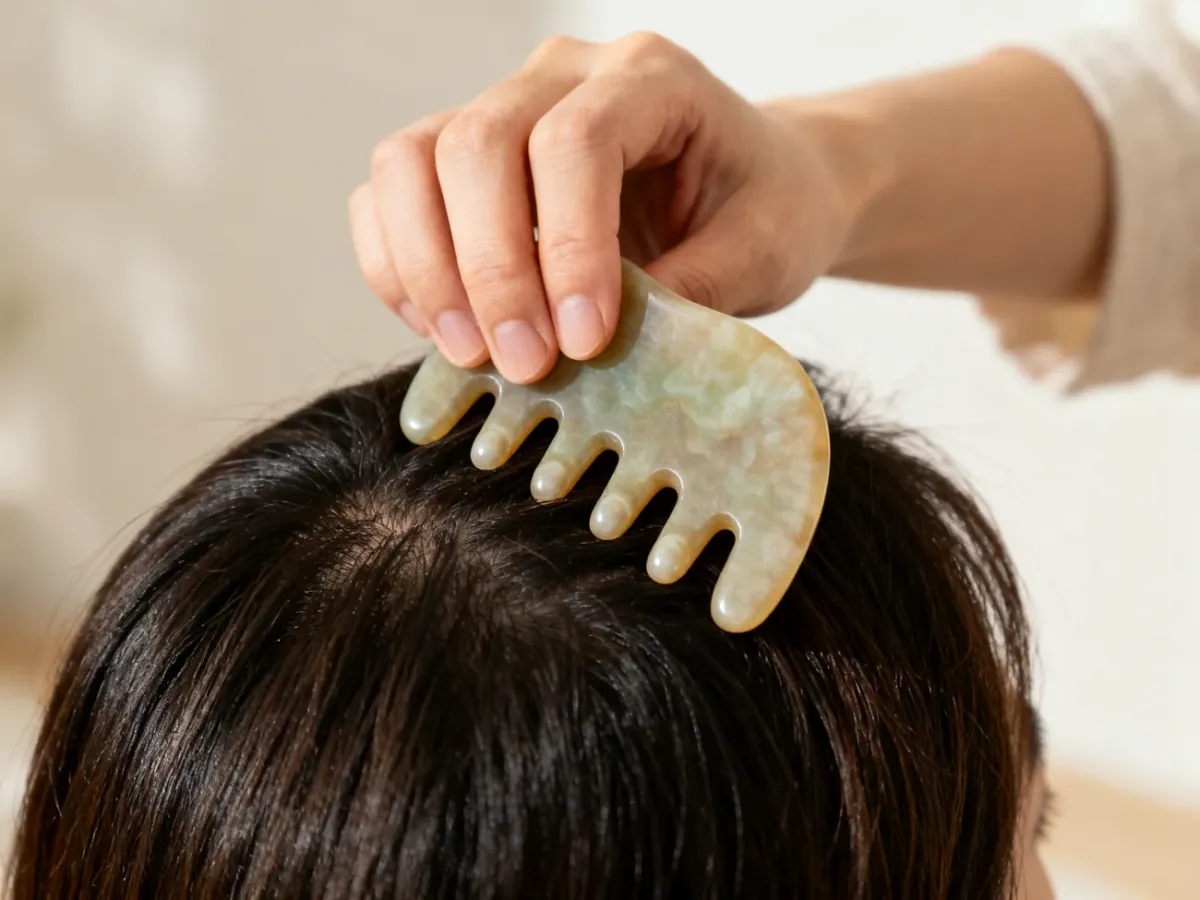 Masaż skóry głowy grzebieniastą płytką Gua Sha