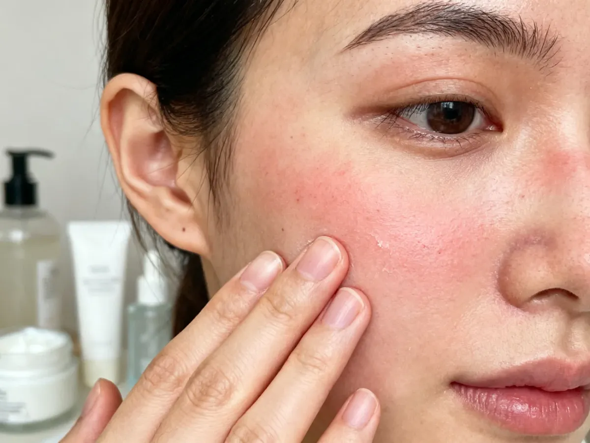 A person soothing mildly irritated skin with a moisturizing cream