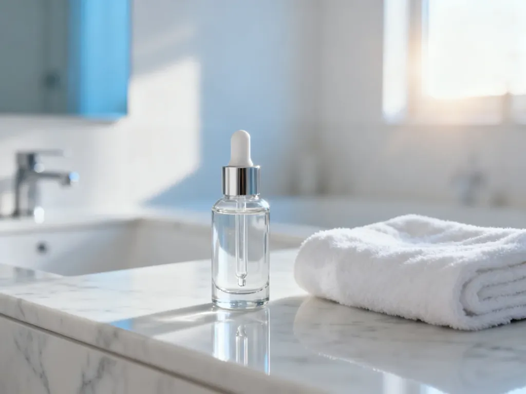 Szklana buteleczka serum i biały ręcznik na marmurowym blacie, ilustrujące poranną rutynę pielęgnacyjną w łazience.