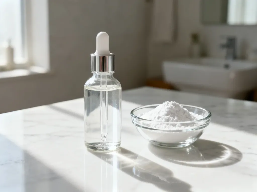Szklana buteleczka z serum i miseczka z proszkiem niacynamidu na marmurowym blacie w minimalistycznym wnętrzu.