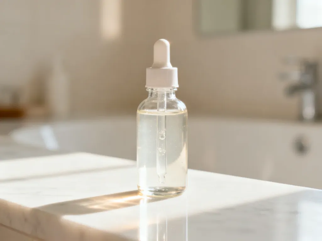 Szklana butelka z serum do twarzy na marmurowym blacie w jasnej, minimalistycznej łazience.