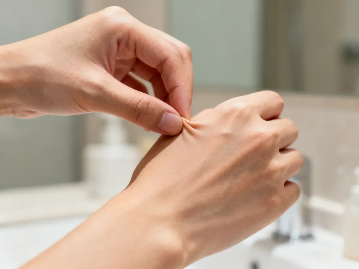 Delikatny test turgoru wykonywany na skórze dłoni